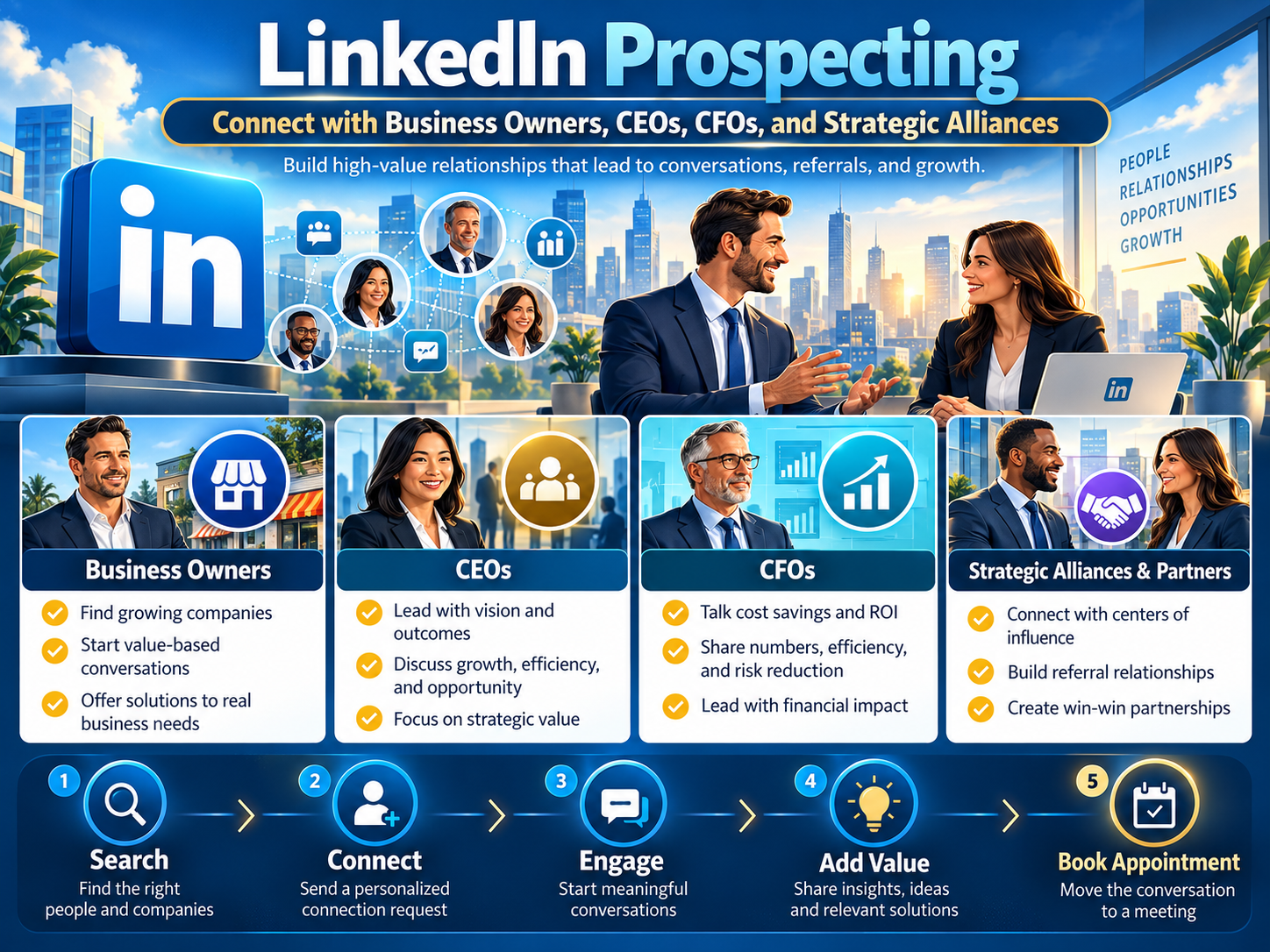 LinkedIn prospecting roadmap: business owners, CEOs, CFOs, and strategic alliances; search, connect, engage, add value, and book an appointment.